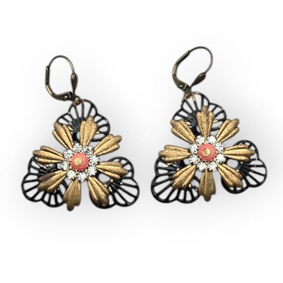 Victorian Revival Boho Filigree Flower Earrings Gold Coral Cabochon Rhinestones - Picture 2 of 6